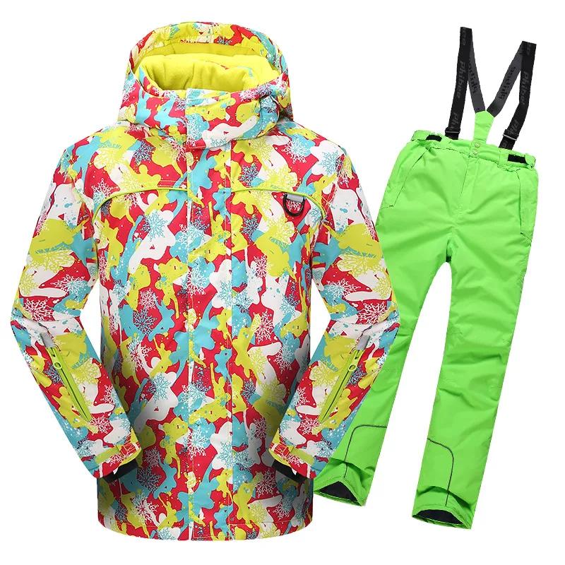 어린이용 스노우 스키복 후드 재킷 + 붕대 바지 세트 남아용 여아용, 따뜻한 겨울 스노우보드 코트